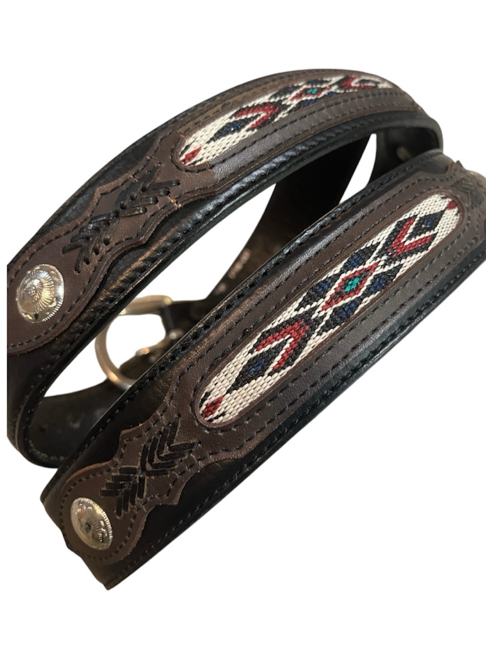 WESTERN HAND TOOLED LEATHER BELT WOVEN SOUTHWESTERN INLAY CONCHOS BLK BRO SZ 44